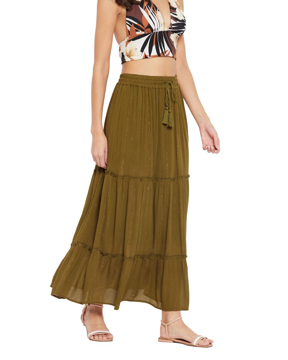 Olive Solid Lurex Rayon Skirt For Women