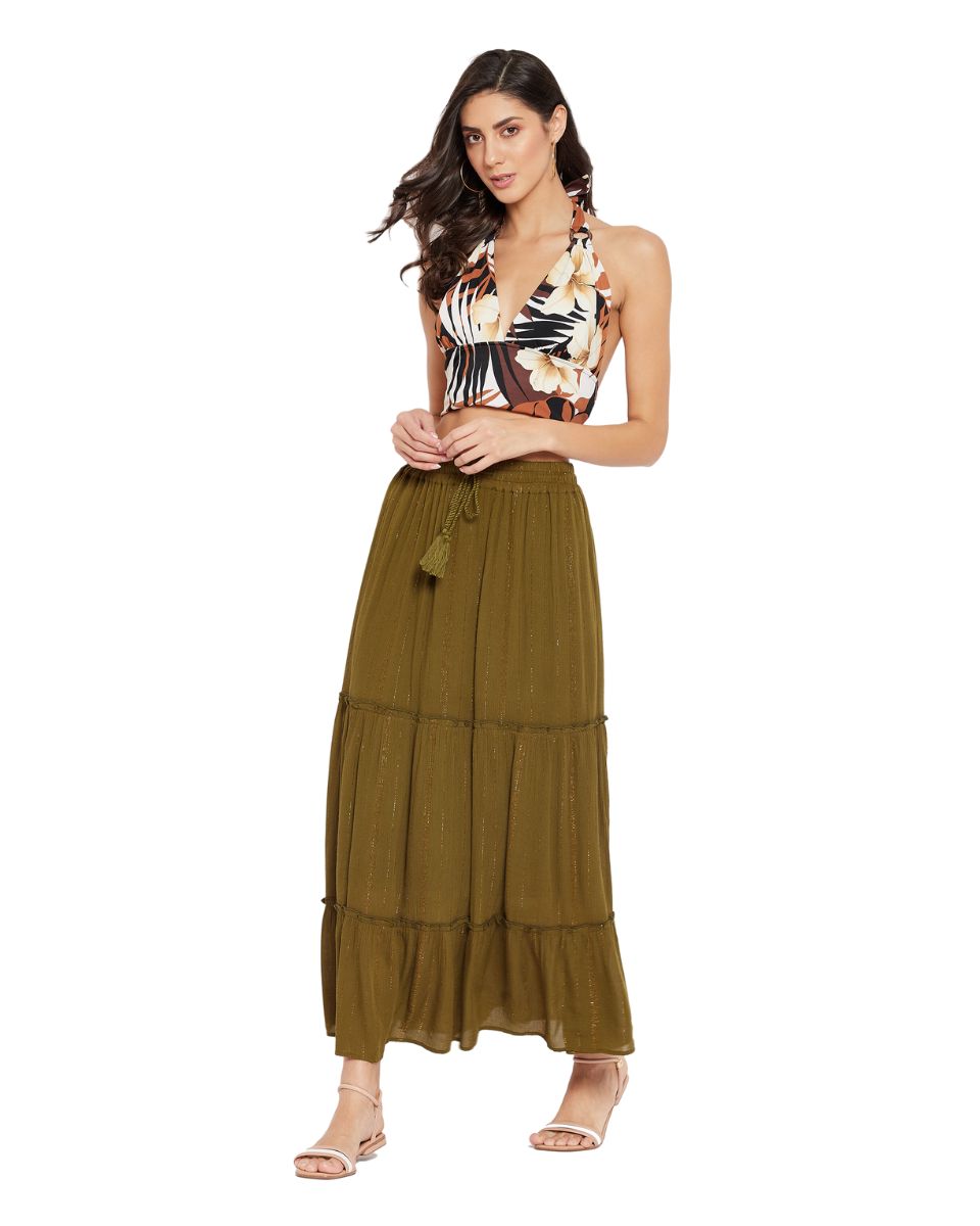 Olive Solid Lurex Rayon Skirt For Women