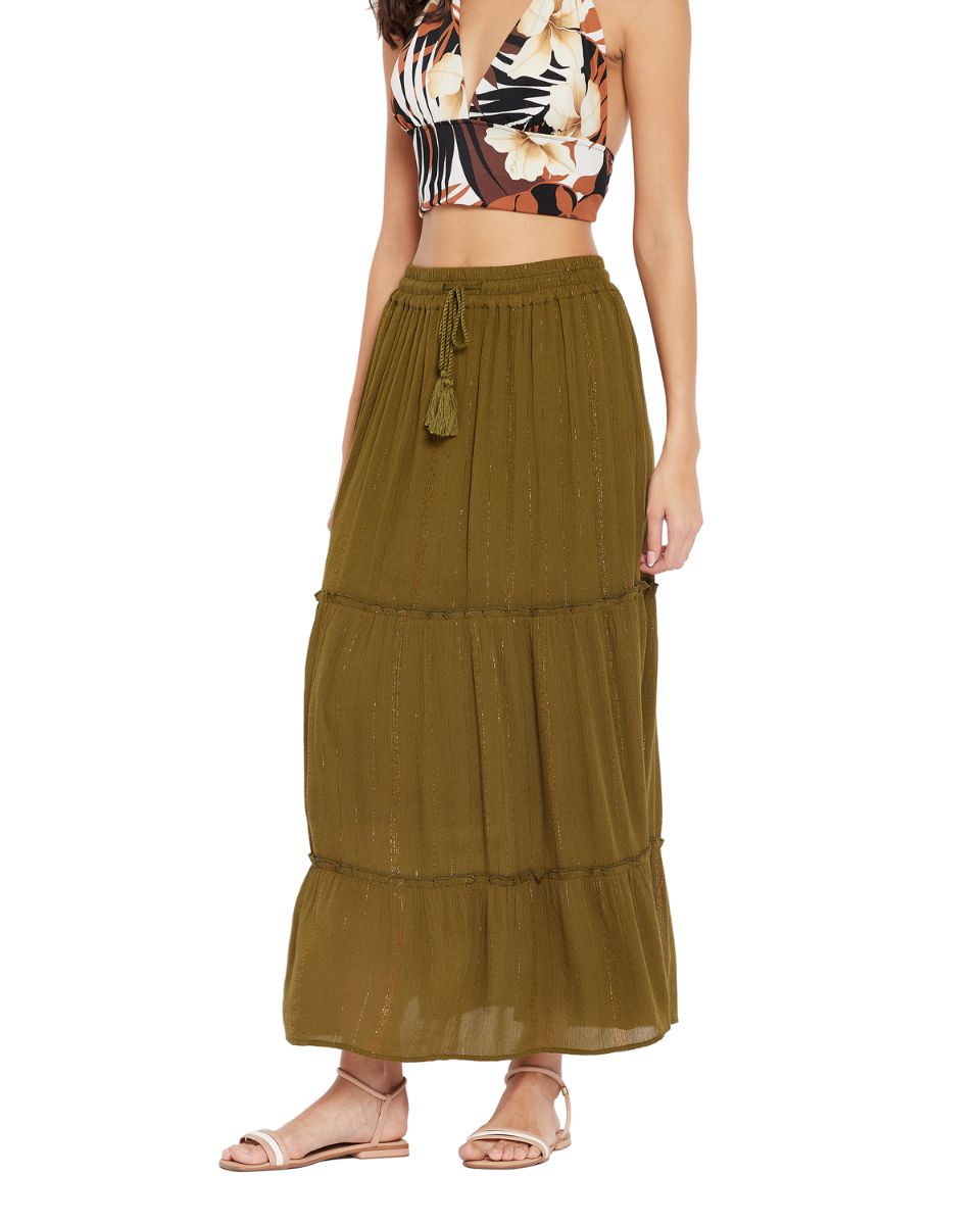 Olive Solid Lurex Rayon Skirt For Women