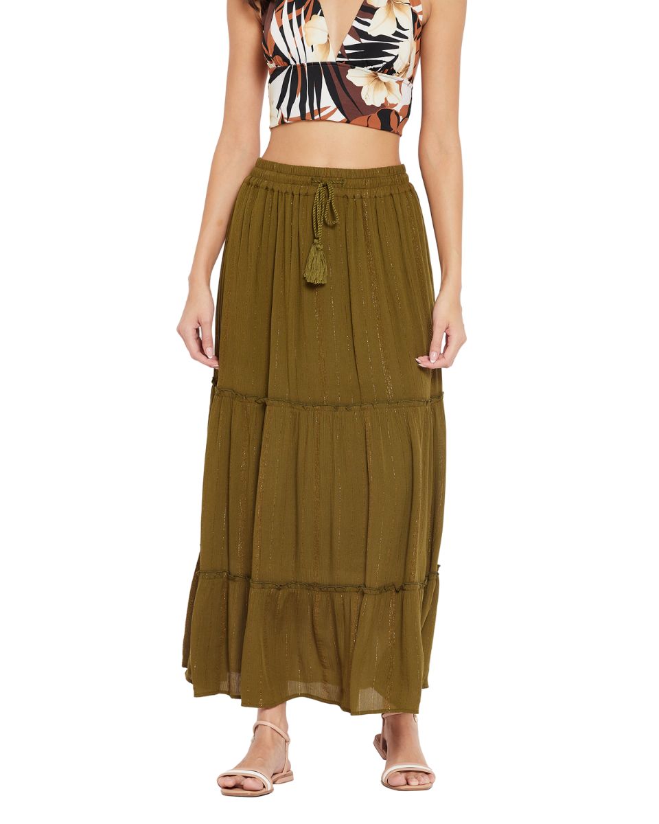 Olive Solid Lurex Rayon Skirt For Women