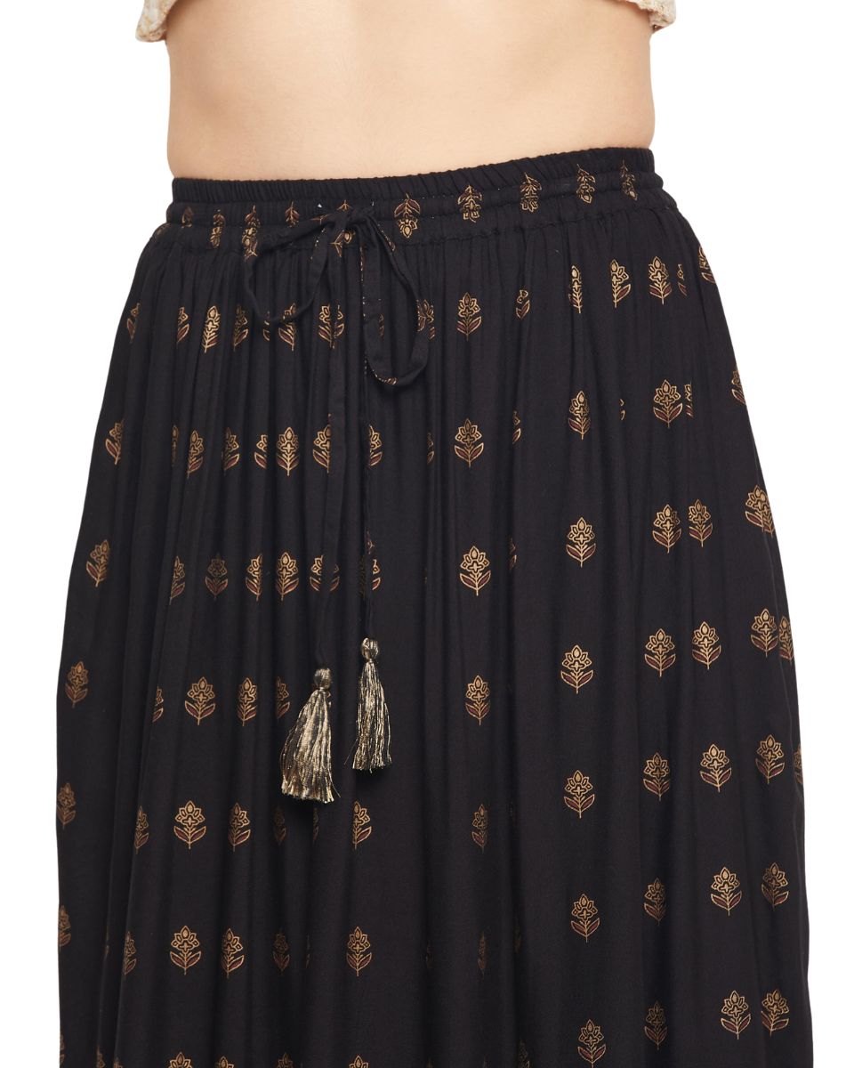 Gold Foil Print Black Rayon Party Wear Skirt For Women