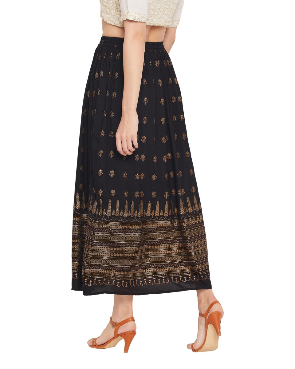 Gold Foil Print Black Rayon Party Wear Skirt For Women