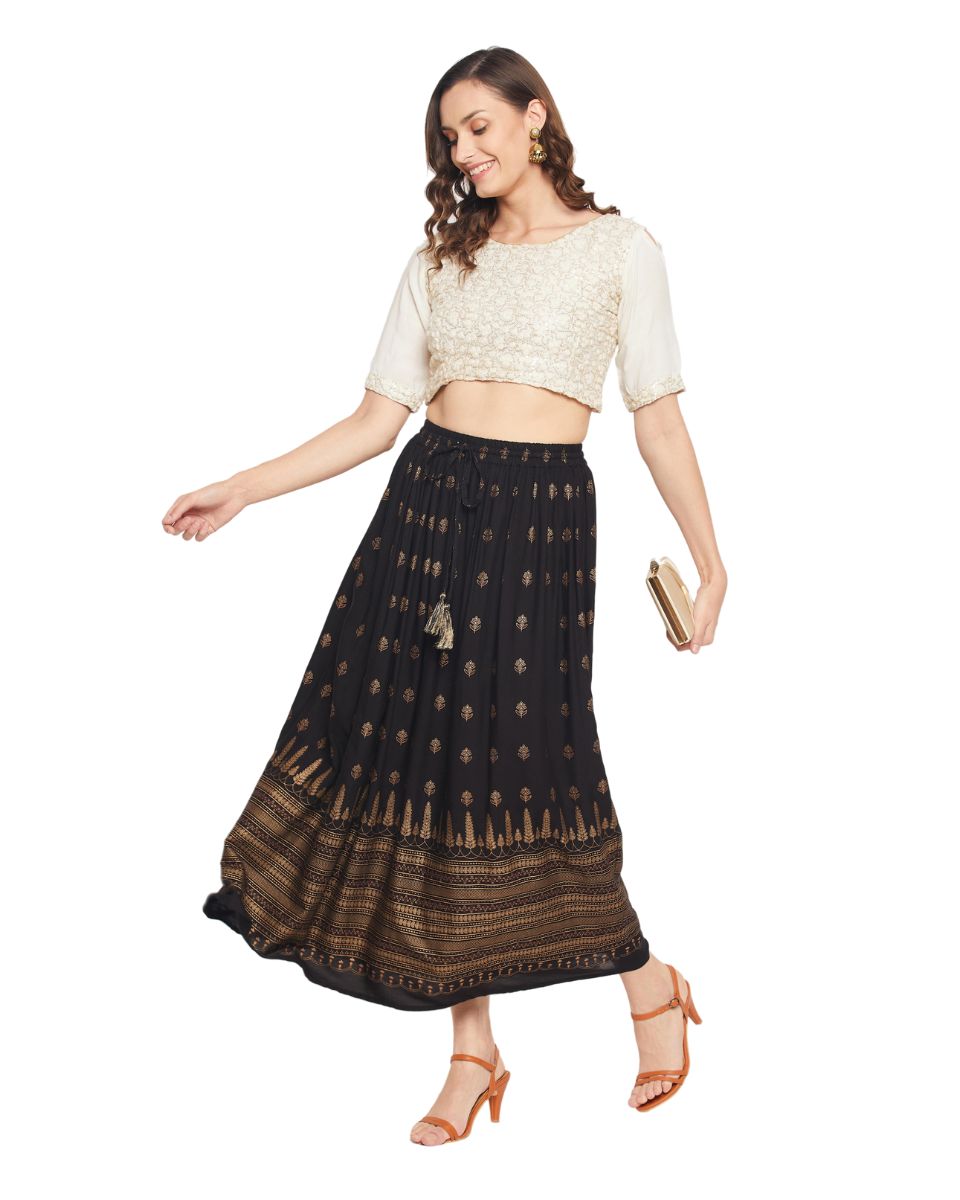 Gold Foil Print Black Rayon Party Wear Skirt For Women