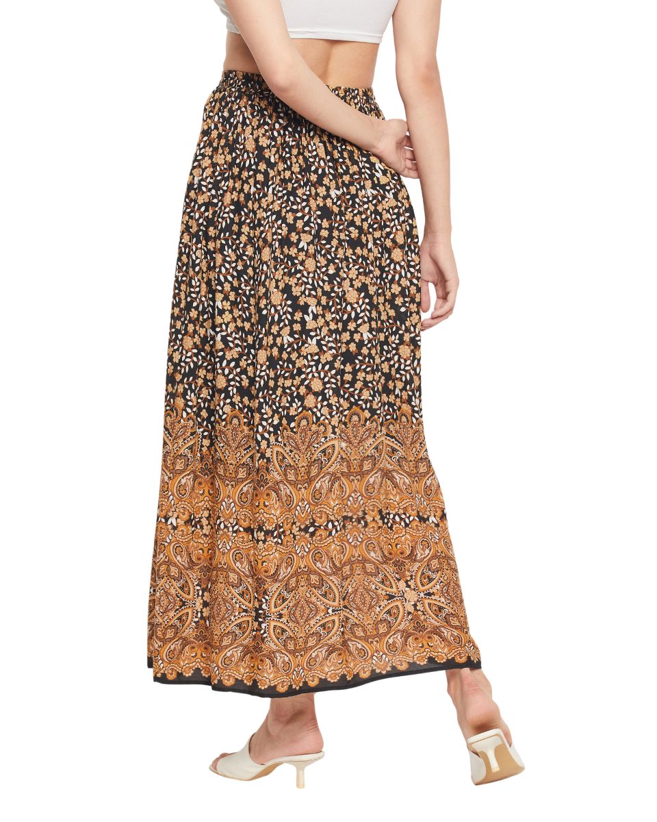 Brown Floral Printed Rayon Long Pleated Skirt For Women