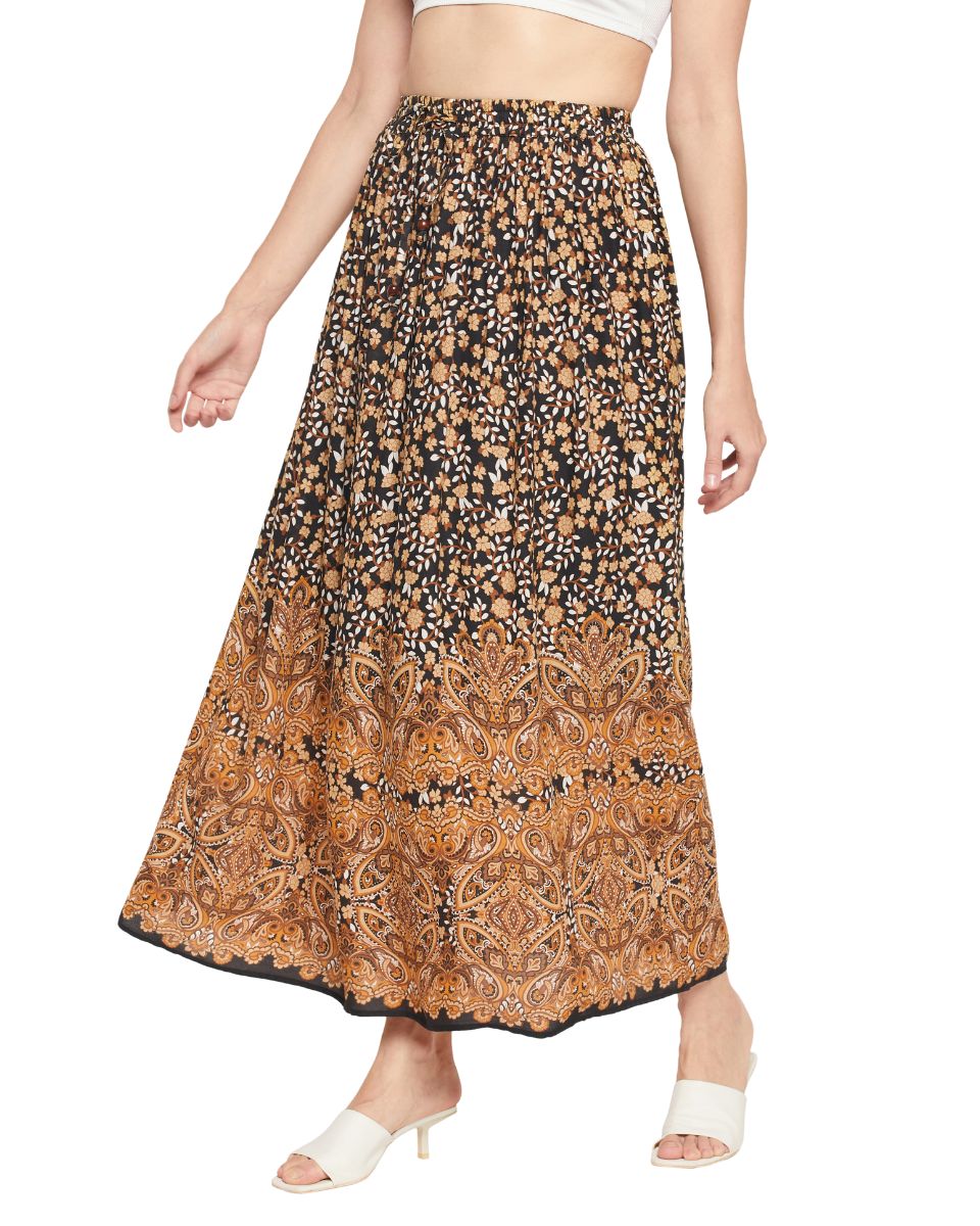 Brown Floral Printed Rayon Long Pleated Skirt For Women
