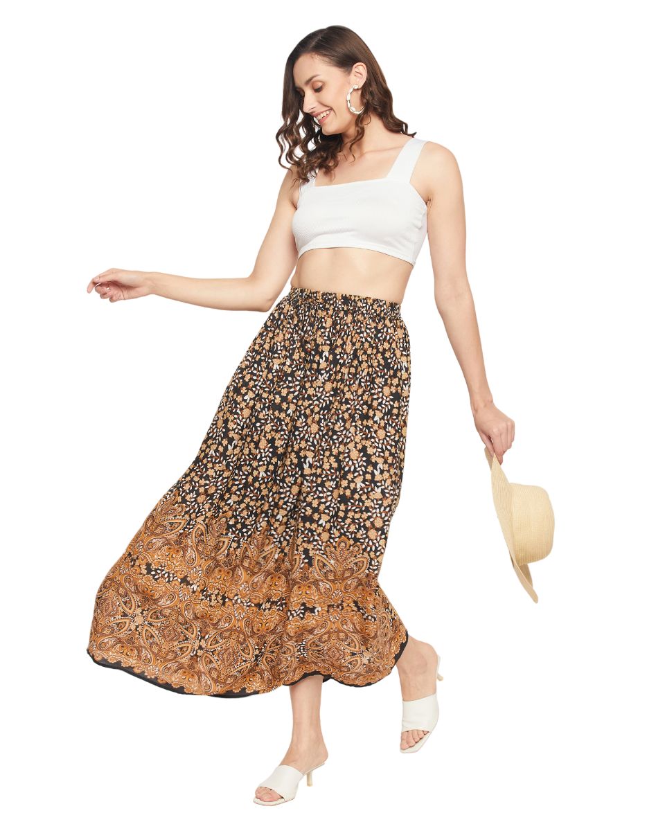 Brown Floral Printed Rayon Long Pleated Skirt For Women