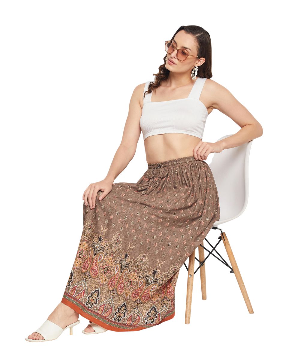 Geometric Print Rayon Brown Pleated  Maxi A Line Skirt For Women