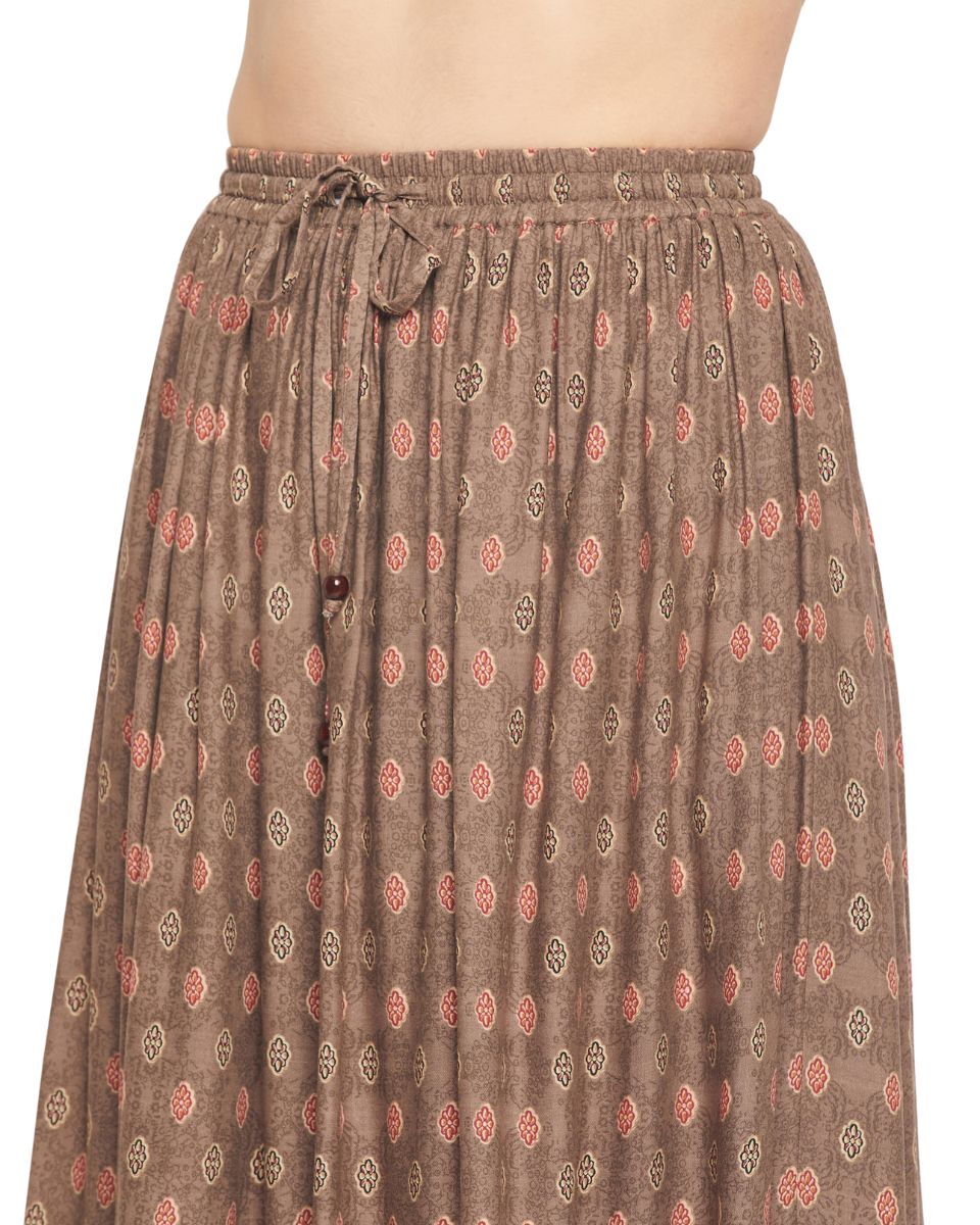 Geometric Print Rayon Brown Pleated  Maxi A Line Skirt For Women