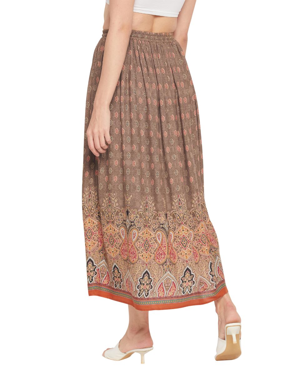 Geometric Print Rayon Brown Pleated  Maxi A Line Skirt For Women