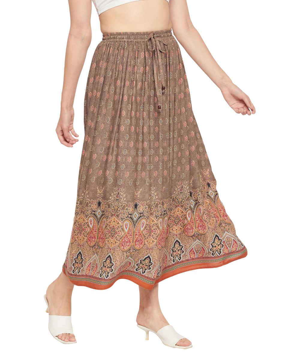 Geometric Print Rayon Brown Pleated  Maxi A Line Skirt For Women