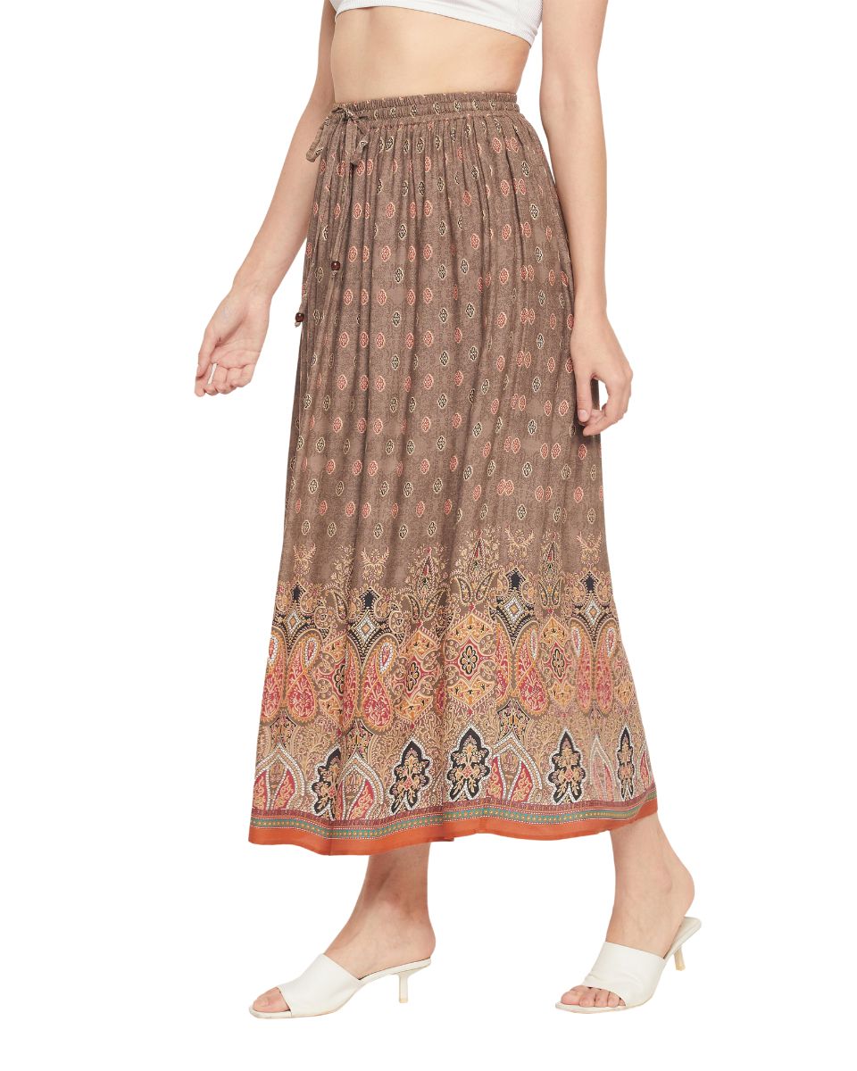 Geometric Print Rayon Brown Pleated  Maxi A Line Skirt For Women
