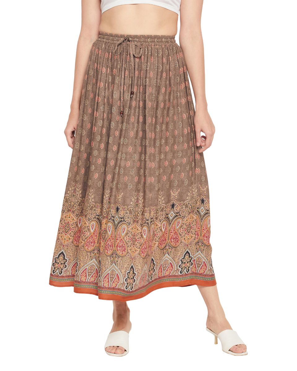 Geometric Print Rayon Brown Pleated  Maxi A Line Skirt For Women
