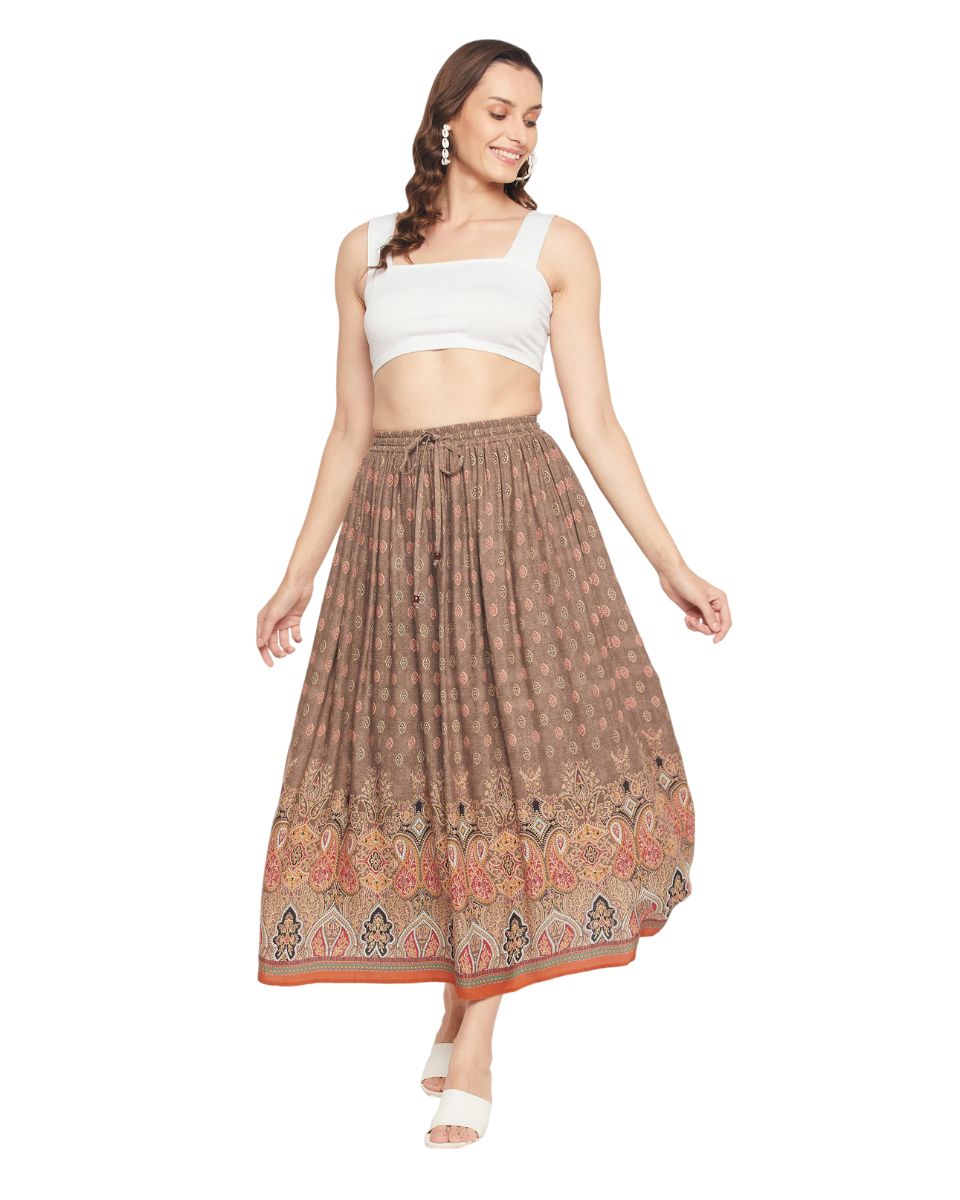 Geometric Print Rayon Brown Pleated  Maxi A Line Skirt For Women