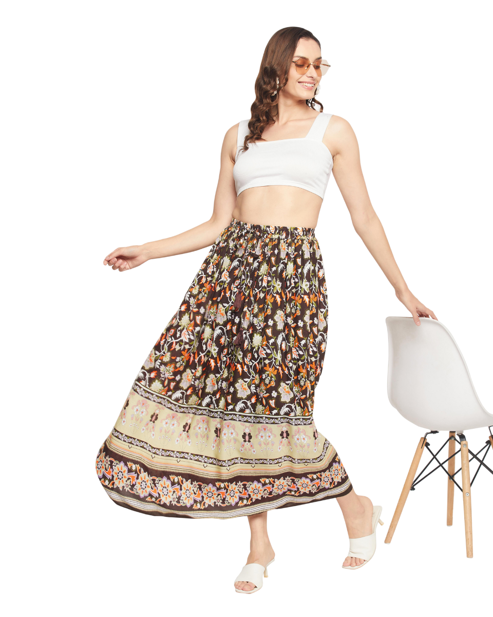 Floral Print Pleated Brown Rayon Skirt For Women