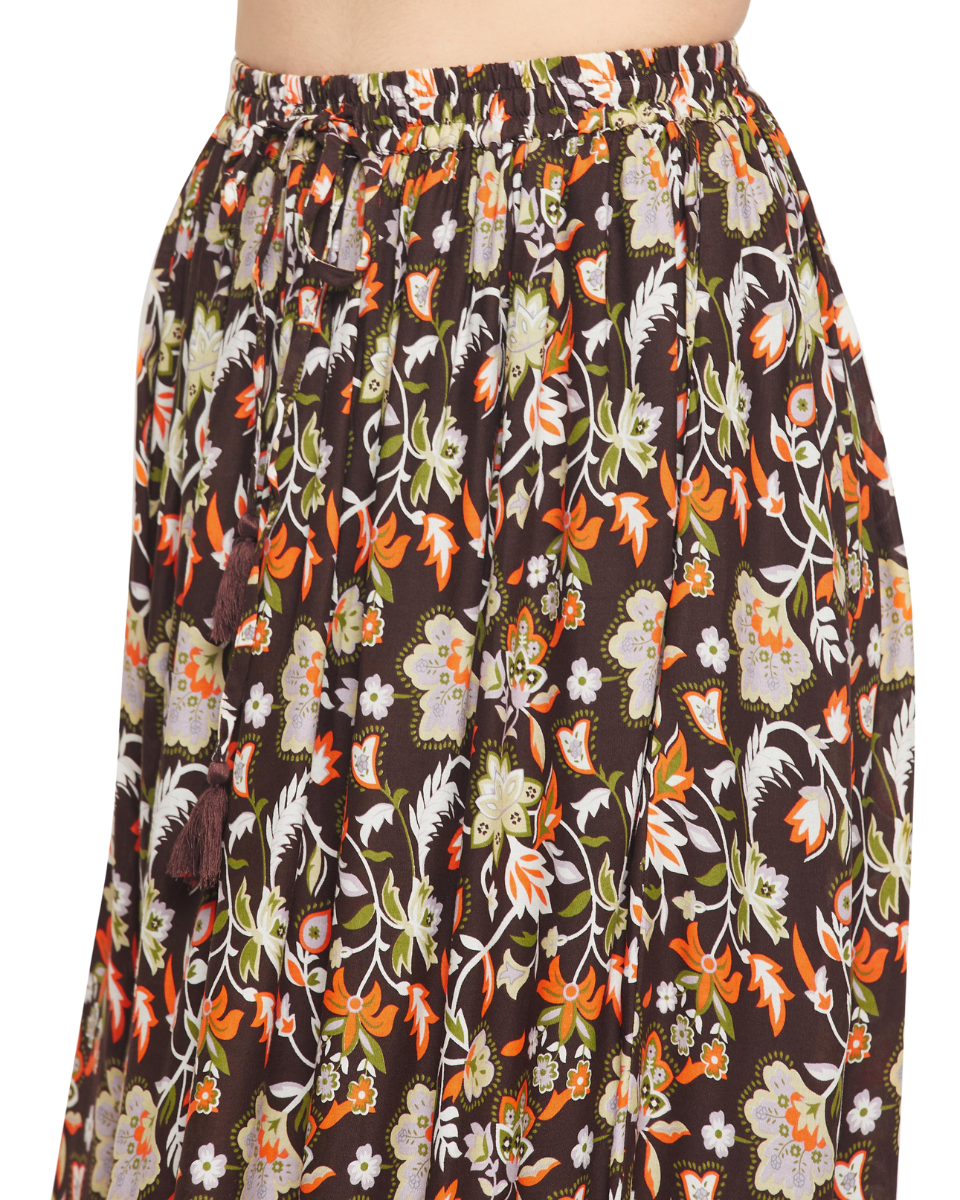 Floral Print Pleated Brown Rayon Skirt For Women