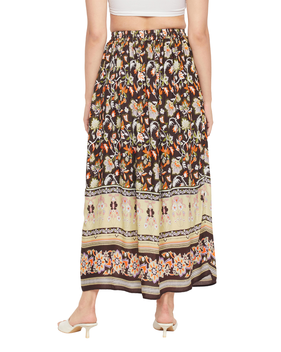Floral Print Pleated Brown Rayon Skirt For Women