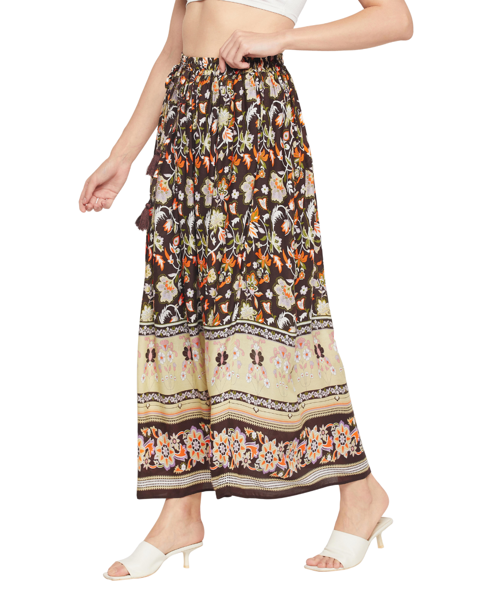 Floral Print Pleated Brown Rayon Skirt For Women