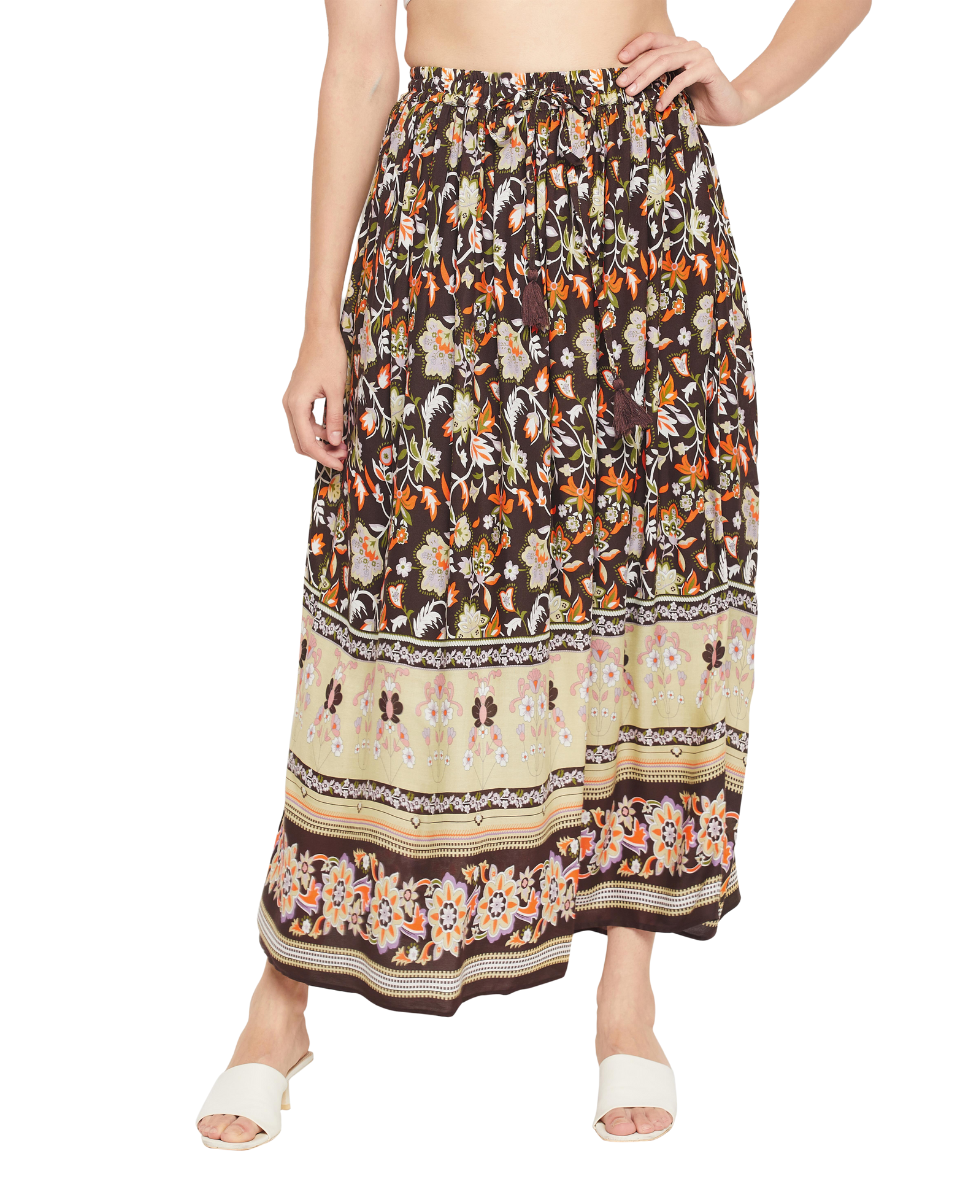 Floral Print Pleated Brown Rayon Skirt For Women