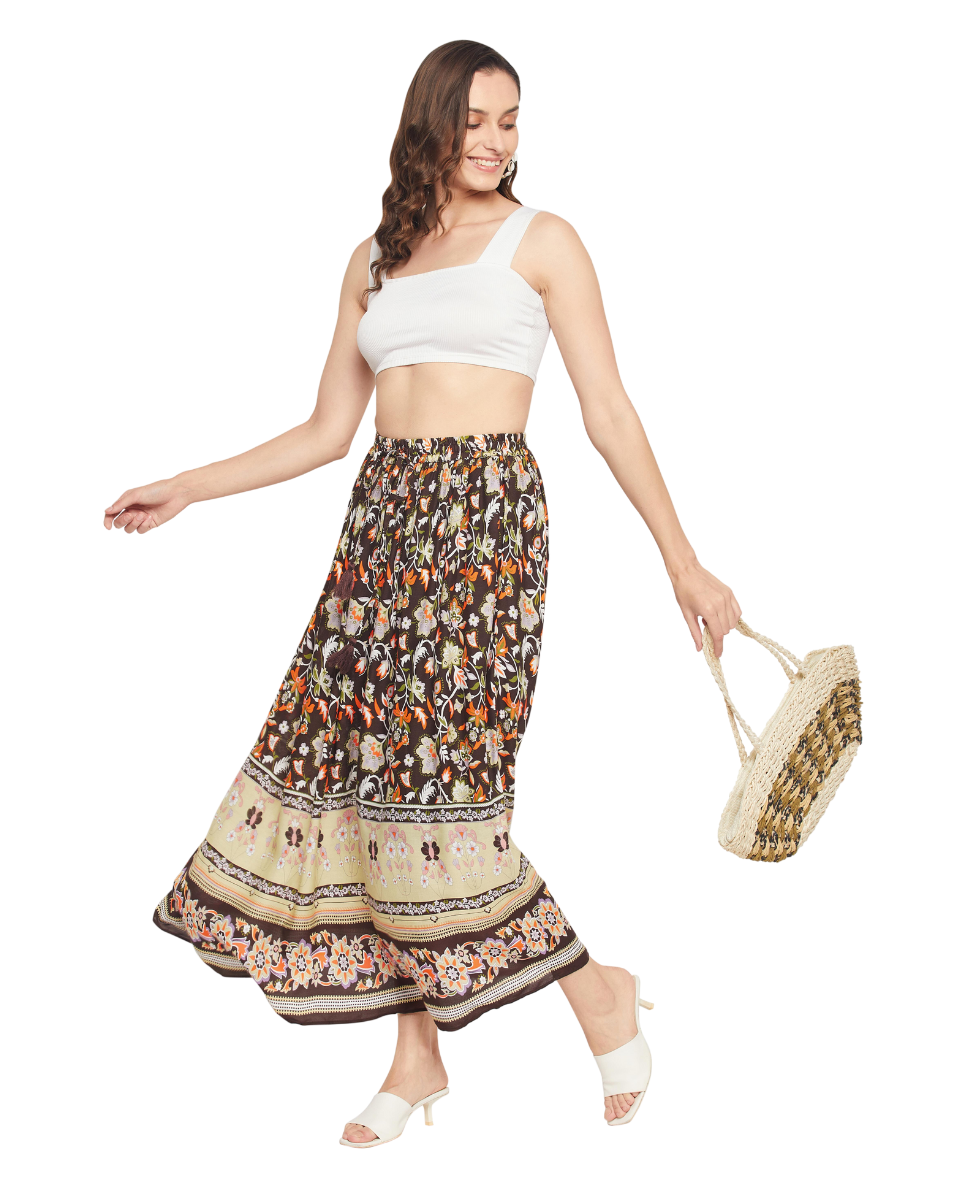 Floral Print Pleated Brown Rayon Skirt For Women