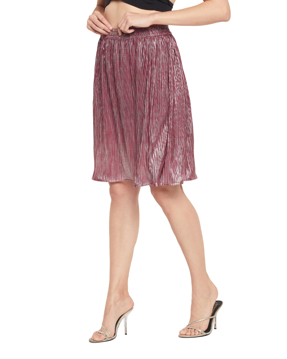 Eggplant Color Poly Knit Pleated Women Mini Skirt For Party
