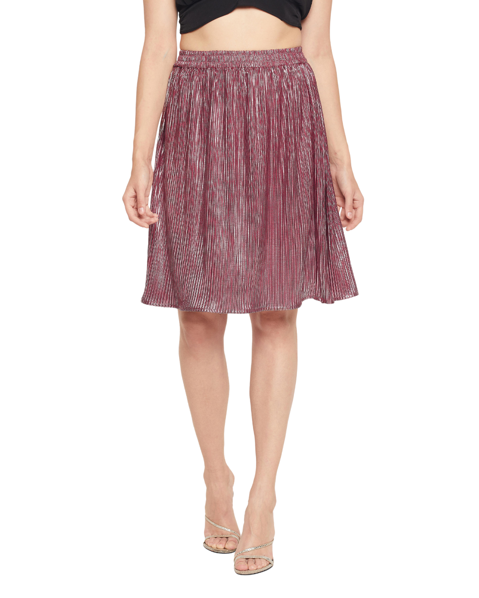 Eggplant Color Poly Knit Pleated Women Mini Skirt For Party