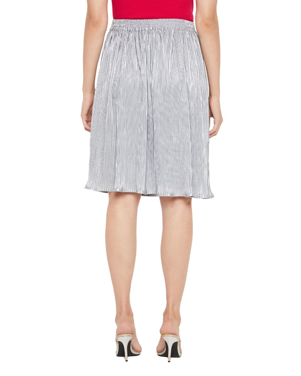 Silver Poly Knit Pleated Mini Skirt For Women