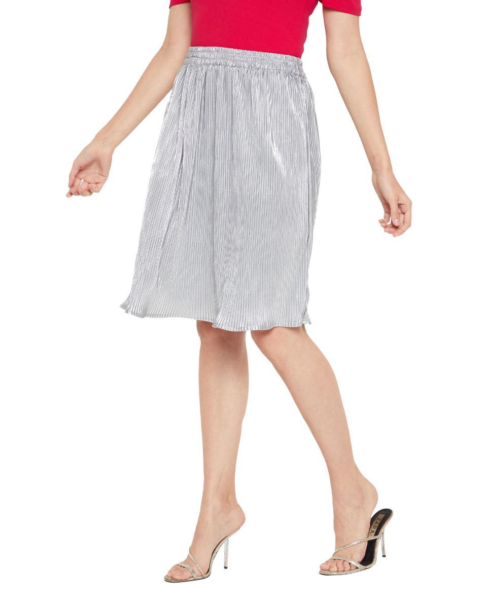 Silver Poly Knit Pleated Mini Skirt For Women