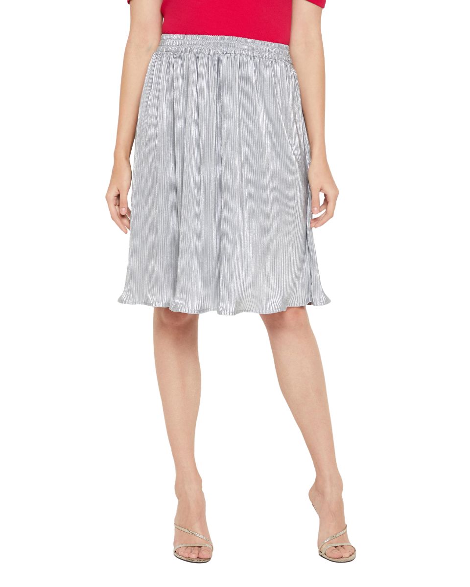 Silver Poly Knit Pleated Mini Skirt For Women