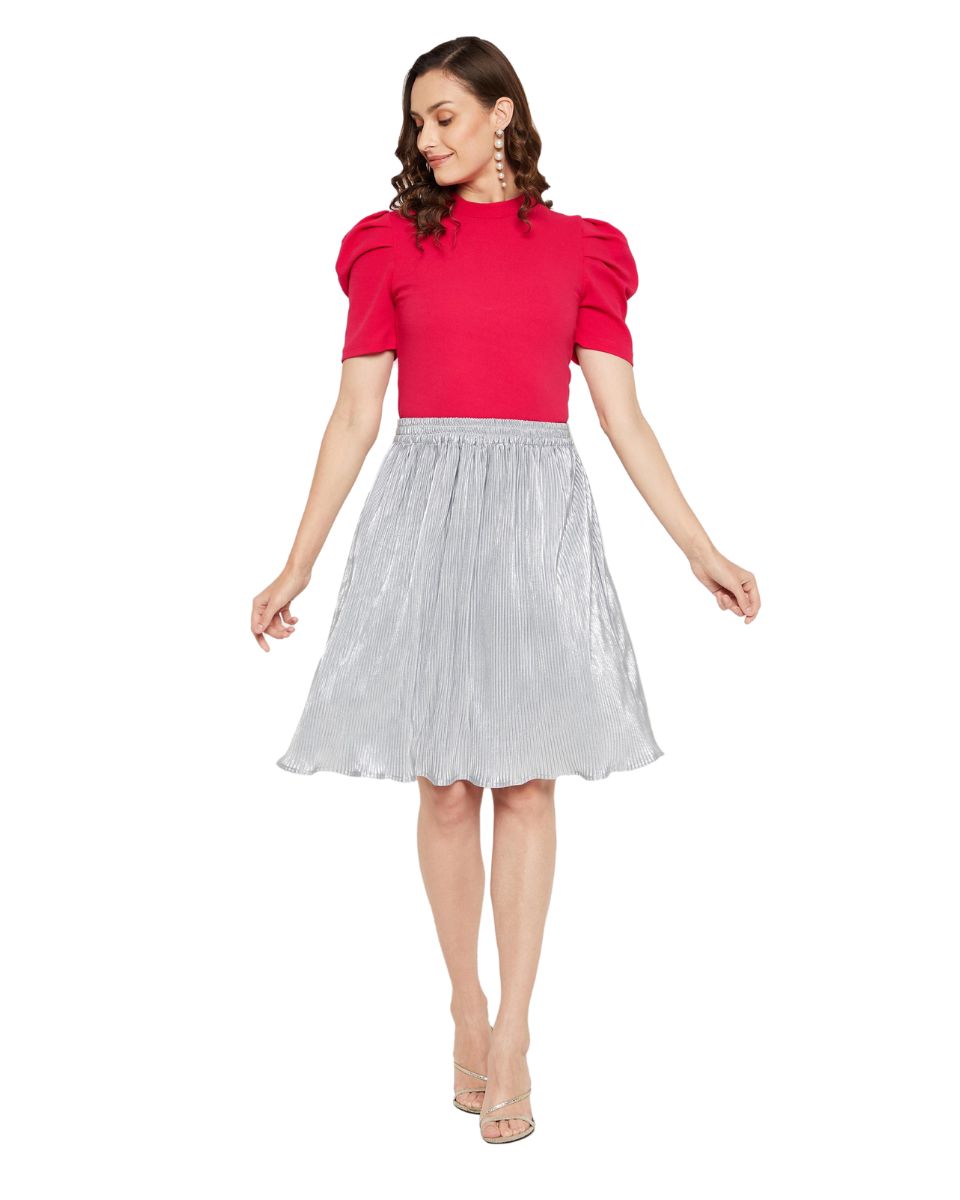 Silver Poly Knit Pleated Mini Skirt For Women