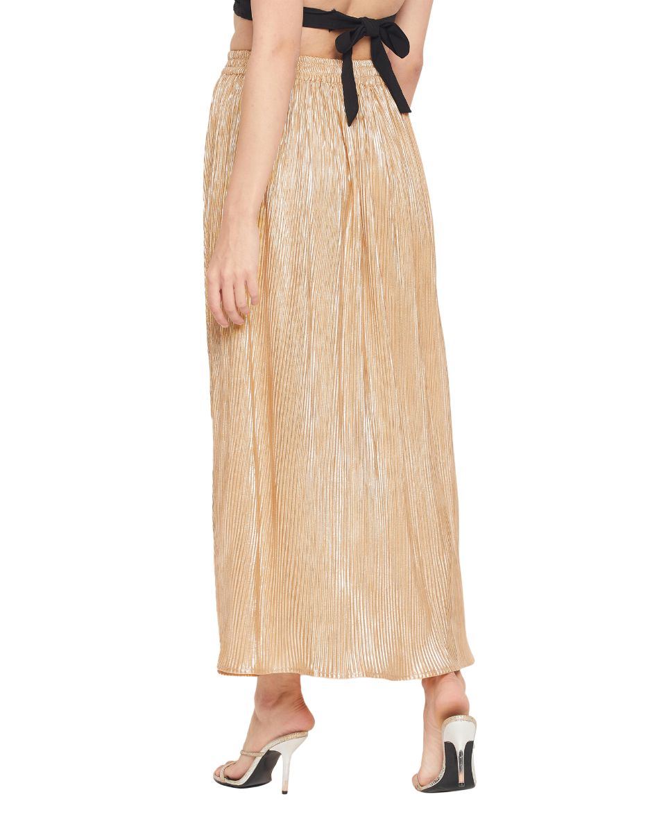 Champagne Color Poly Knit Pleated Party Long Skirt For Women