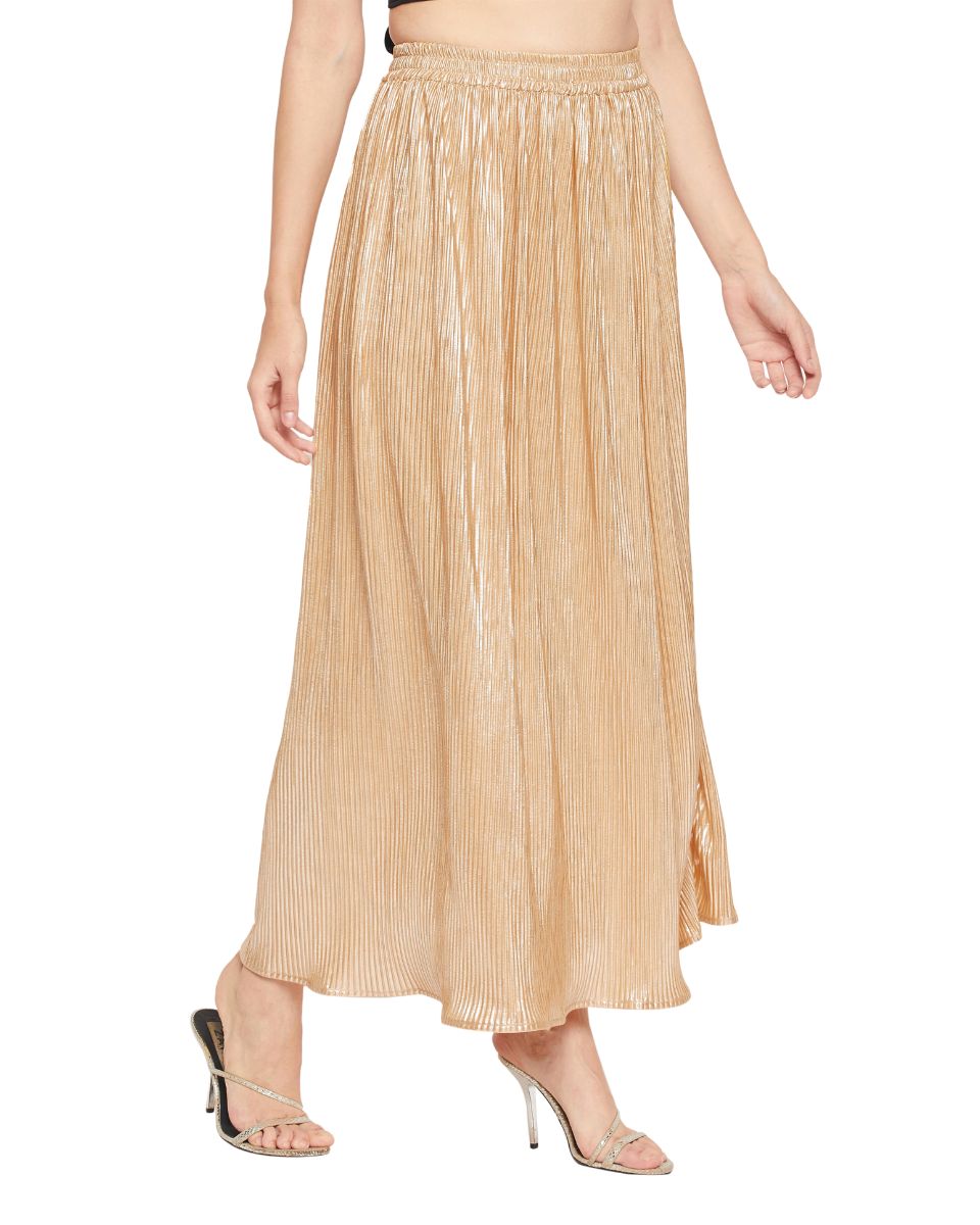 Champagne Color Poly Knit Pleated Party Long Skirt For Women