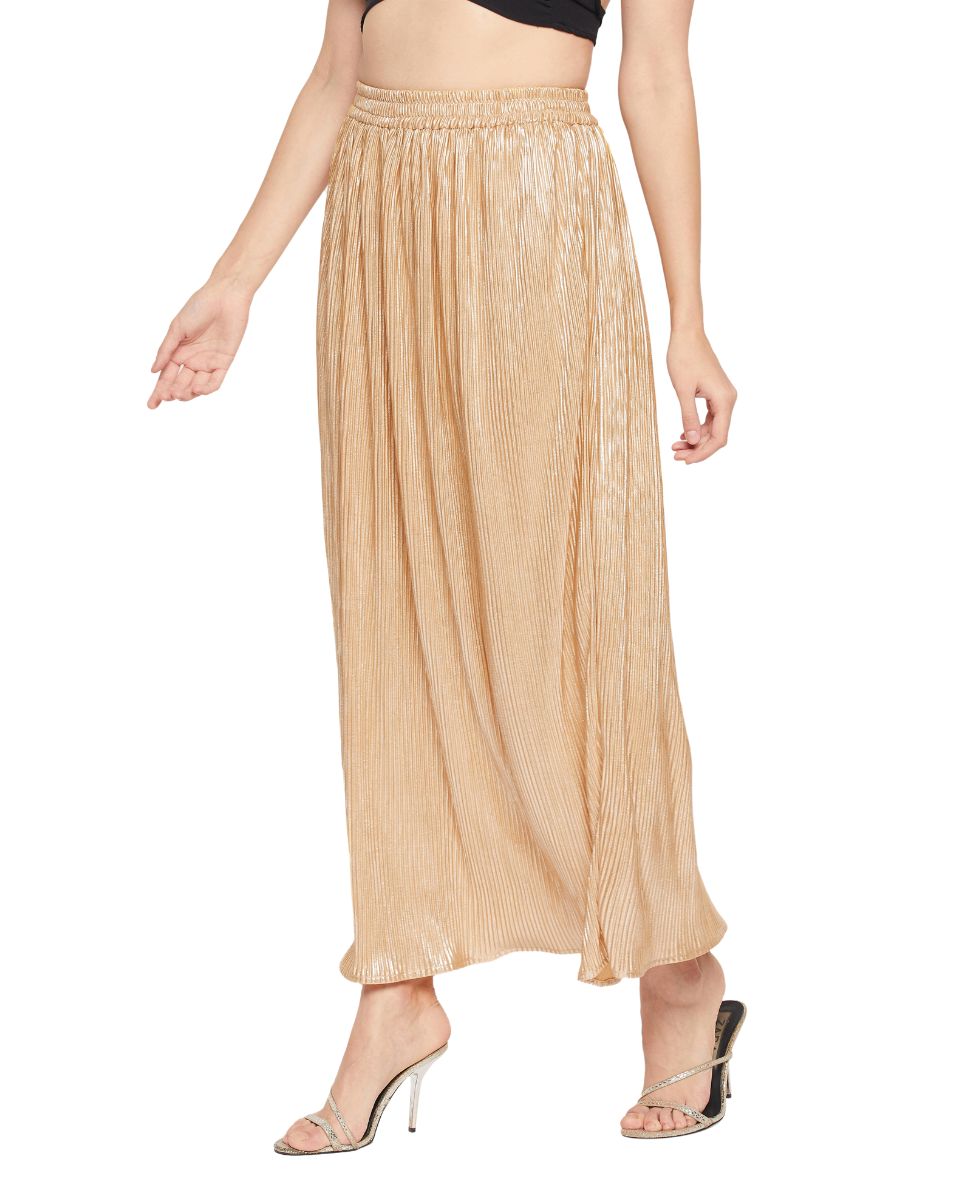 Champagne Color Poly Knit Pleated Party Long Skirt For Women