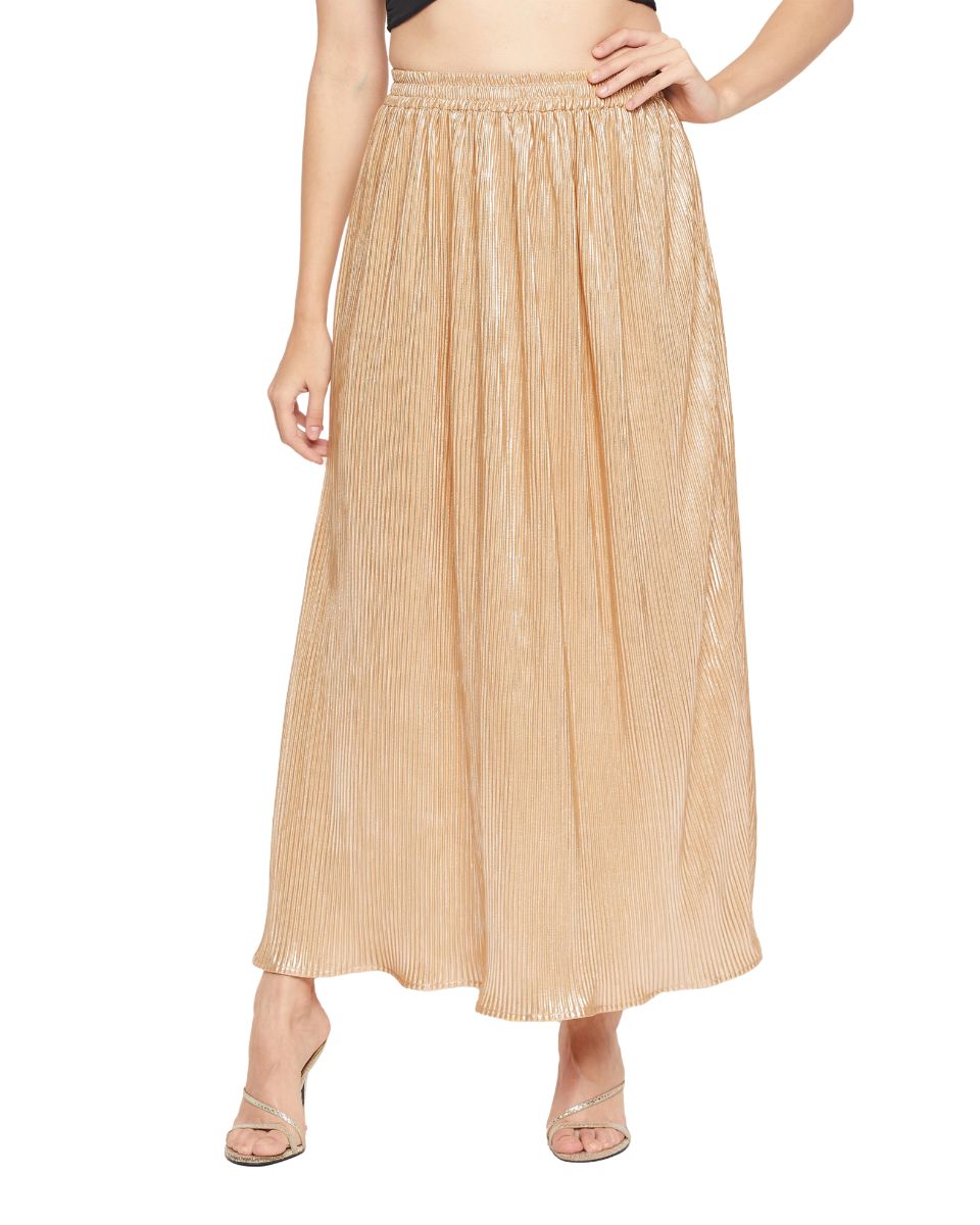 Champagne Color Poly Knit Pleated Party Long Skirt For Women