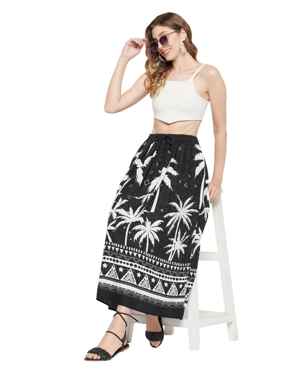 Tropical Printed Black Rayon Beach Skirt For Women