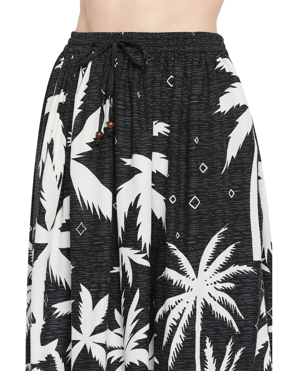Tropical Printed Black Rayon Beach Skirt For Women