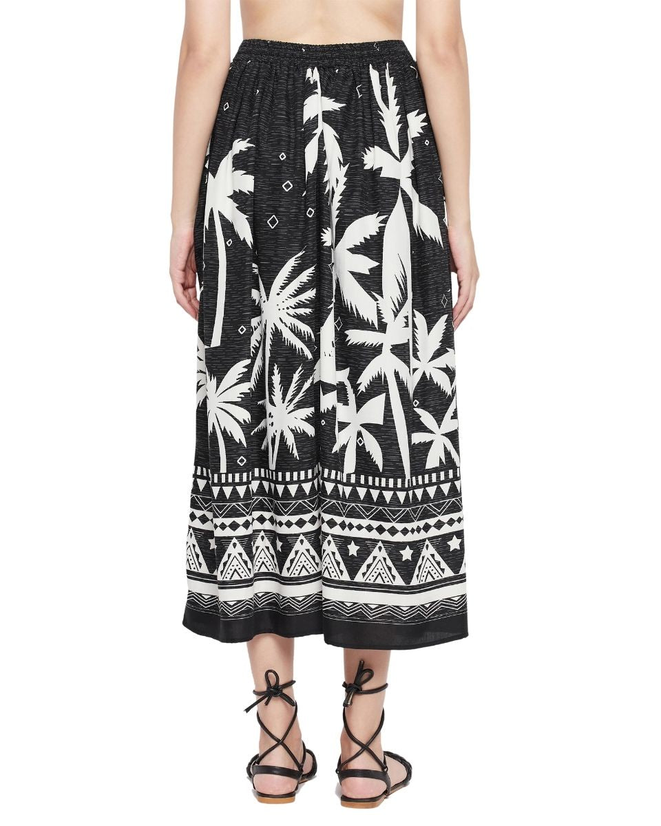 Tropical Printed Black Rayon Beach Skirt For Women
