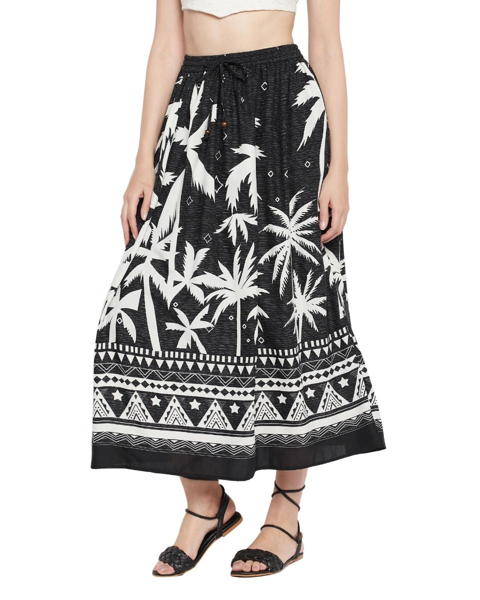 Tropical Printed Black Rayon Beach Skirt For Women