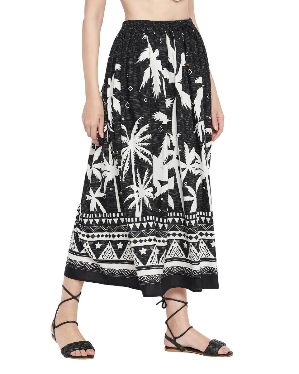 Tropical Printed Black Rayon Beach Skirt For Women