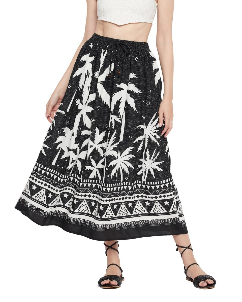 Tropical Printed Black Rayon Beach Skirt For Women