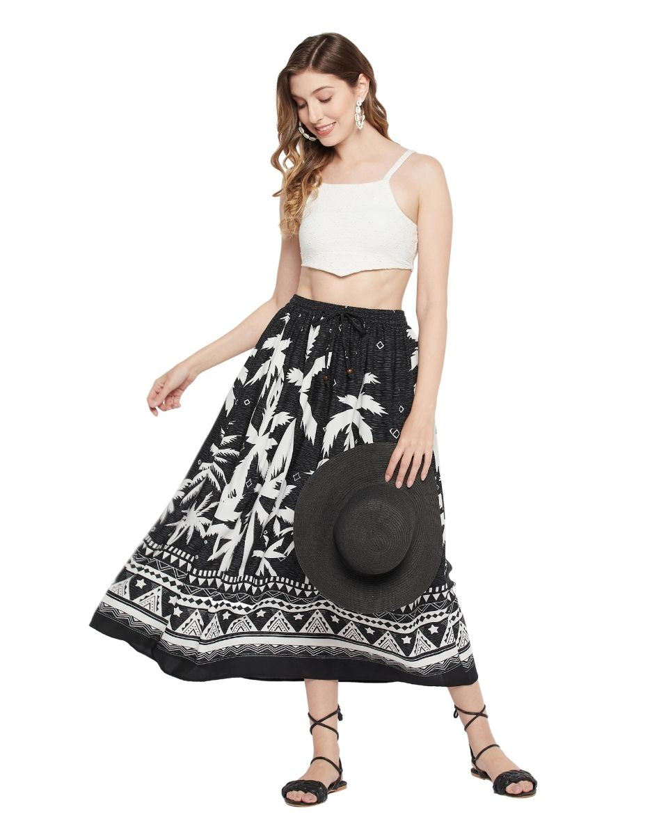 Tropical Printed Black Rayon Beach Skirt For Women