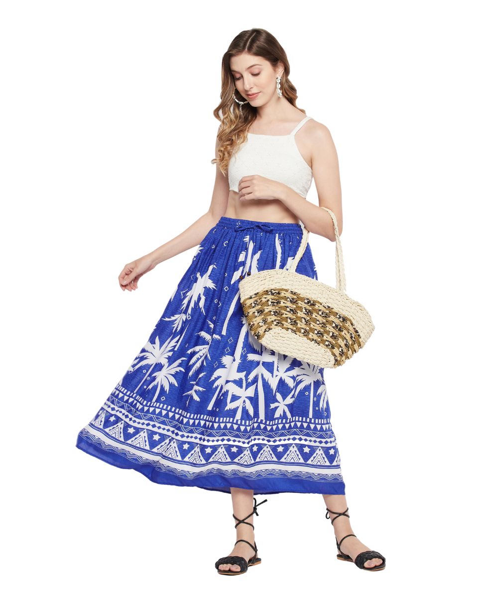 Tropical Print Blue Rayon Skirt For Women