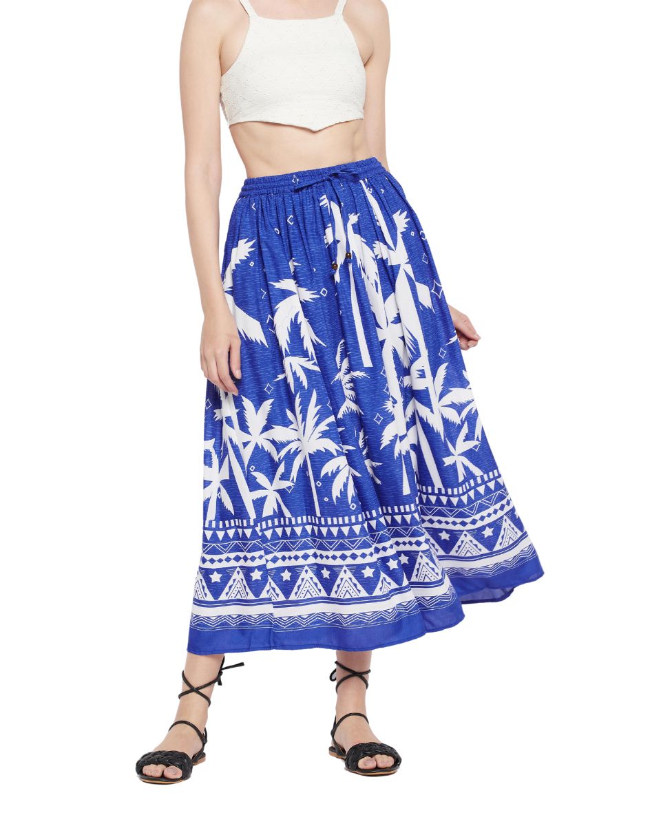 Tropical Print Blue Rayon Skirt For Women