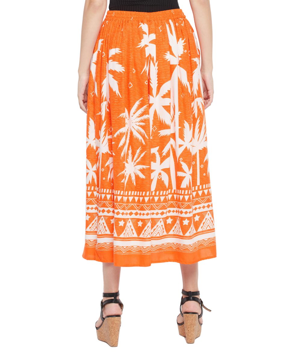 Orange Color Tropical Print Rayon Skirt For Women