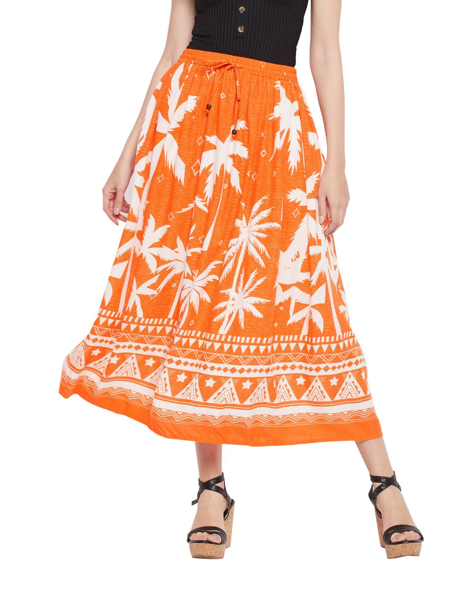 Orange Color Tropical Print Rayon Skirt For Women
