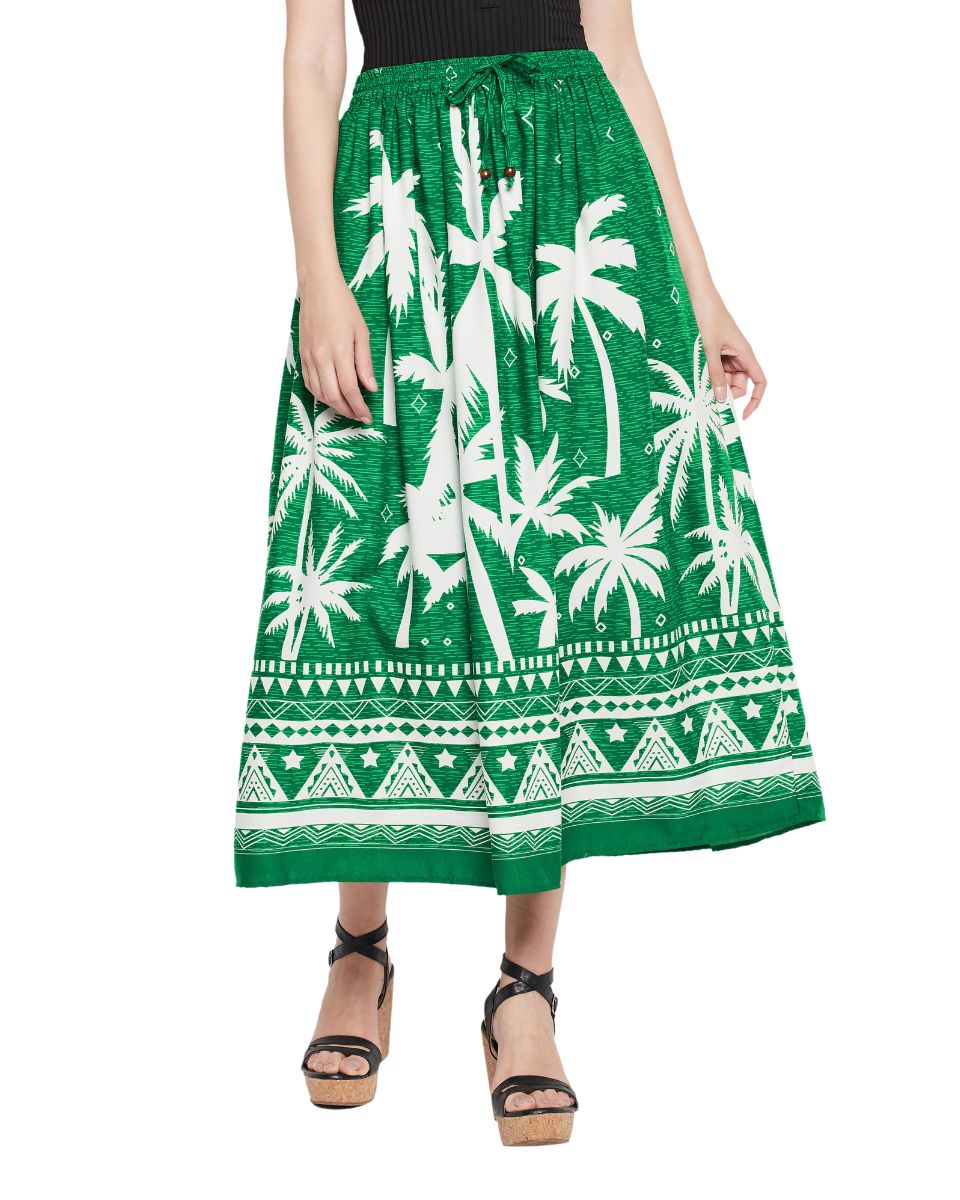 Green Color Tropical Print Rayon Skirt For Women