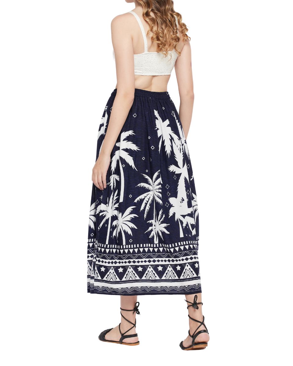 Tropical Printed Navy Blue Rayon Skirt For Women