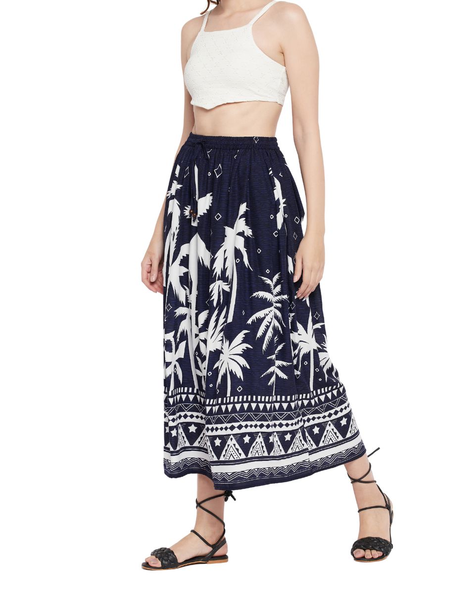 Tropical Printed Navy Blue Rayon Skirt For Women