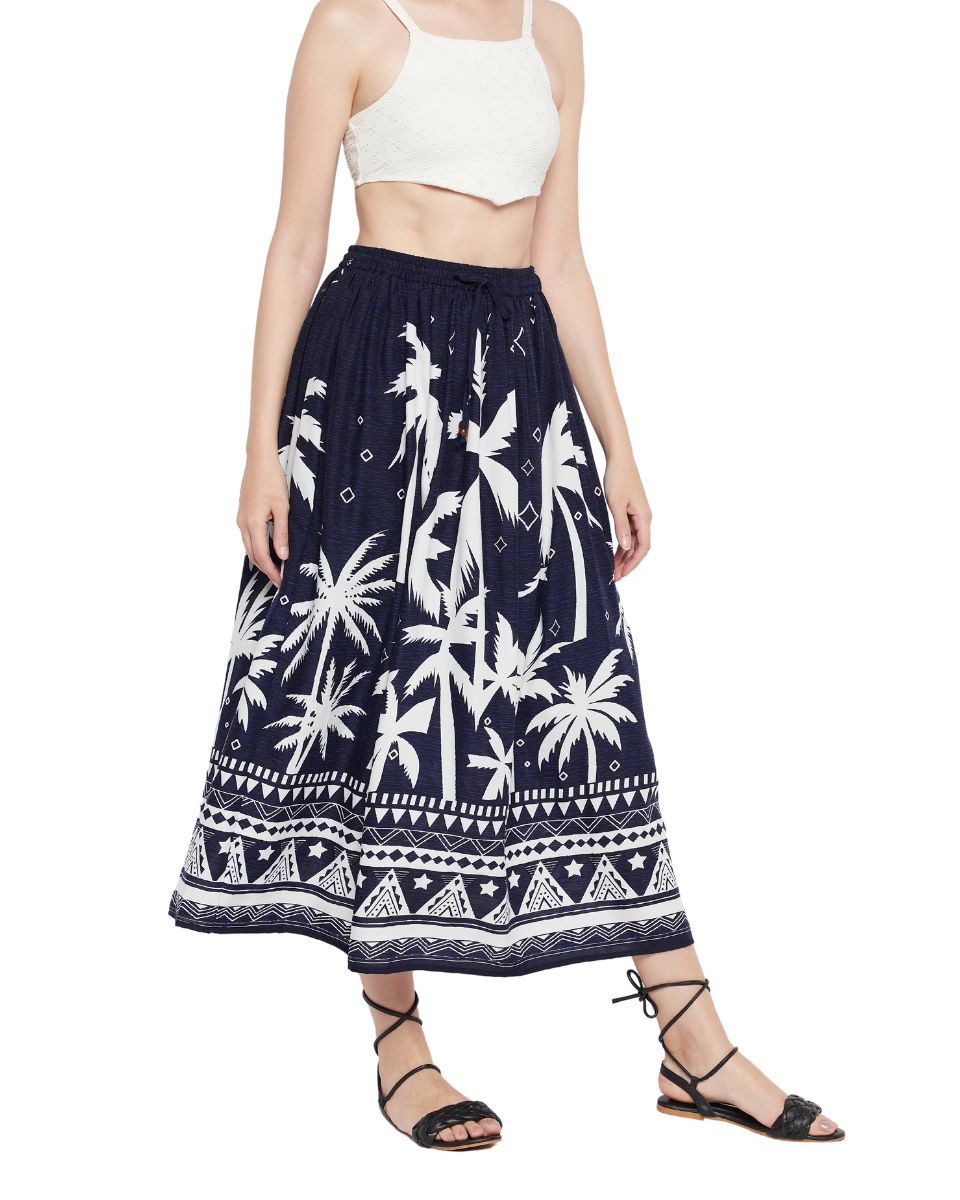 Tropical Printed Navy Blue Rayon Skirt For Women