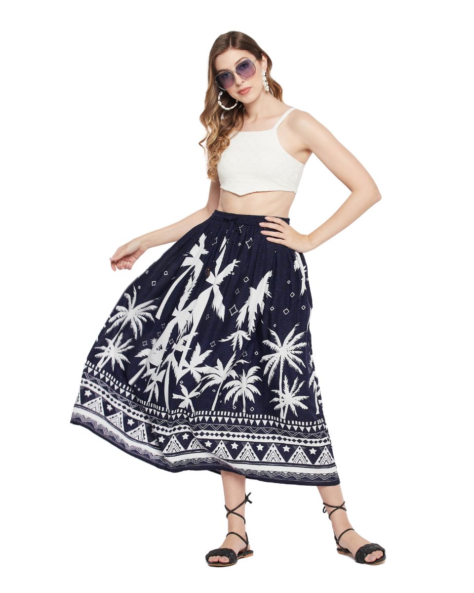 Tropical Printed Navy Blue Rayon Skirt For Women