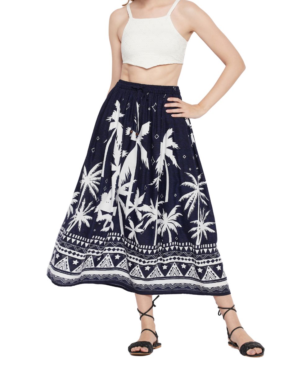 Tropical Printed Navy Blue Rayon Skirt For Women
